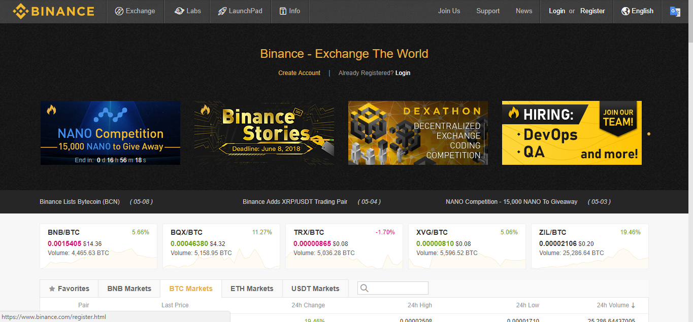 Binance Exchange Homepage